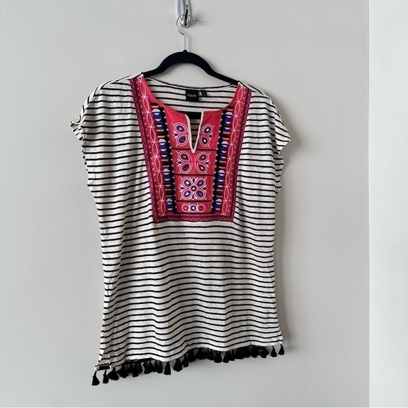 Rafaella-linen Blend Tassel Embroidered Summer Top - Picture 6 of 8